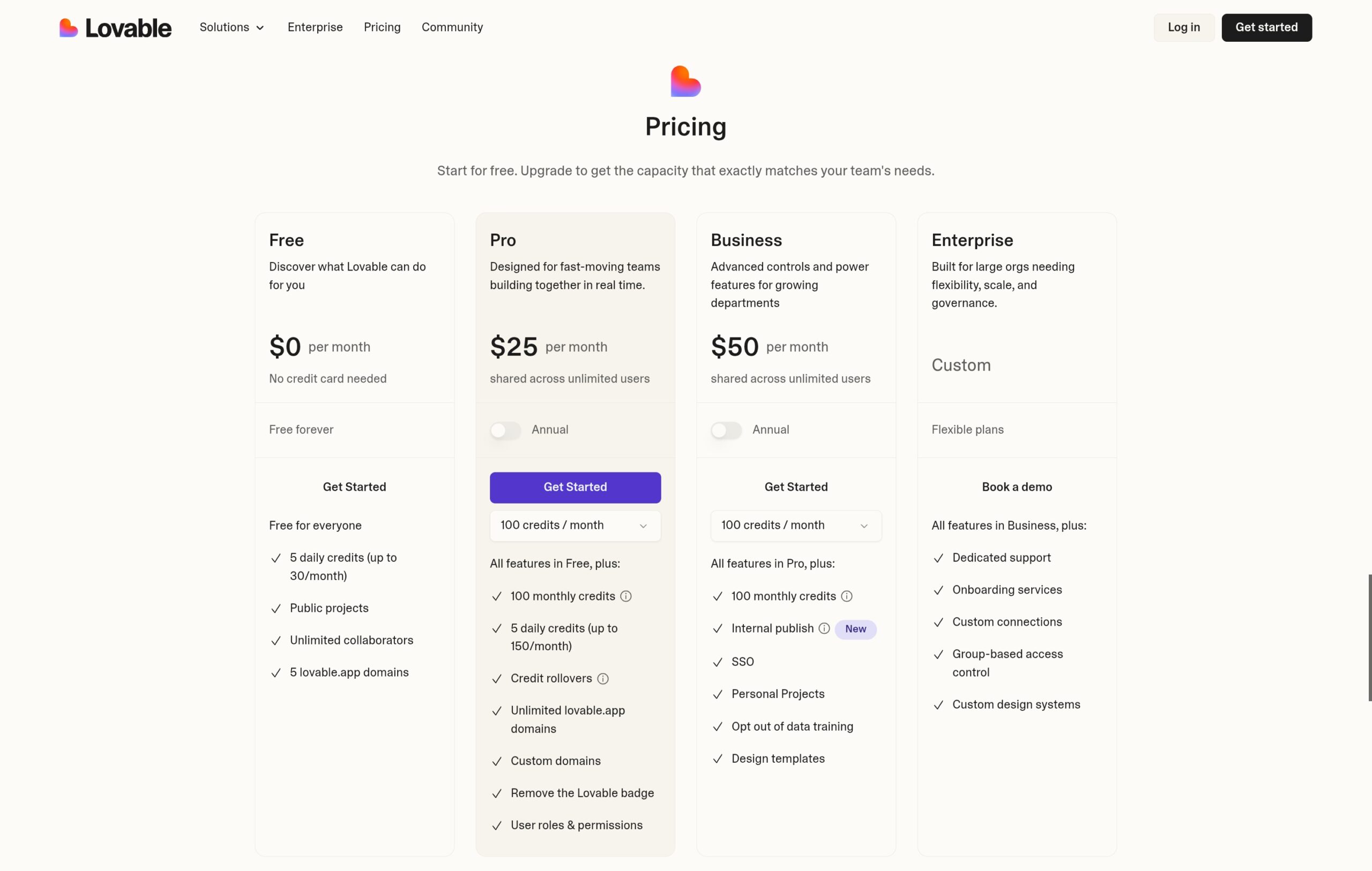 Lovable pricing page screenshot showing Free tier limits vs Pro plan at $25 per month