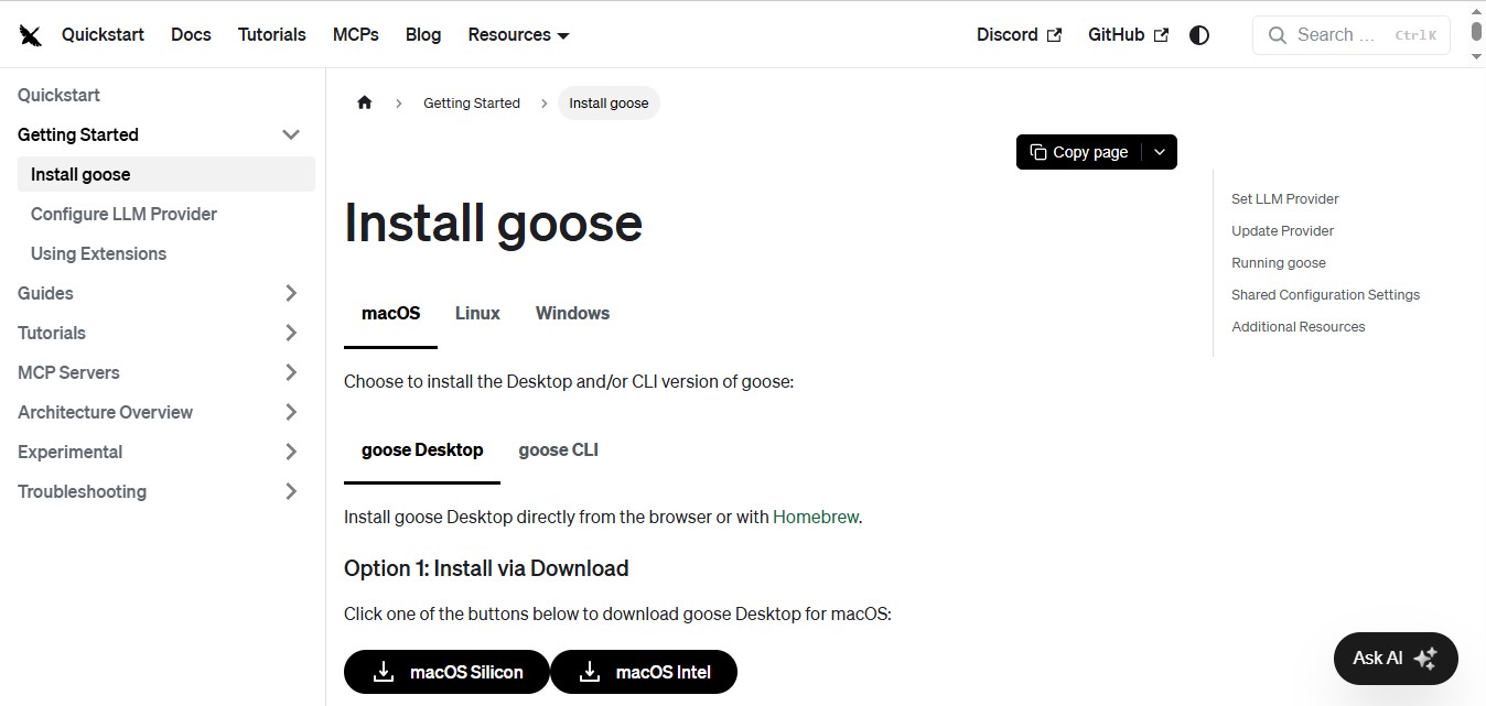 Official documentation page for Goose AI agent installation showing Desktop and CLI options