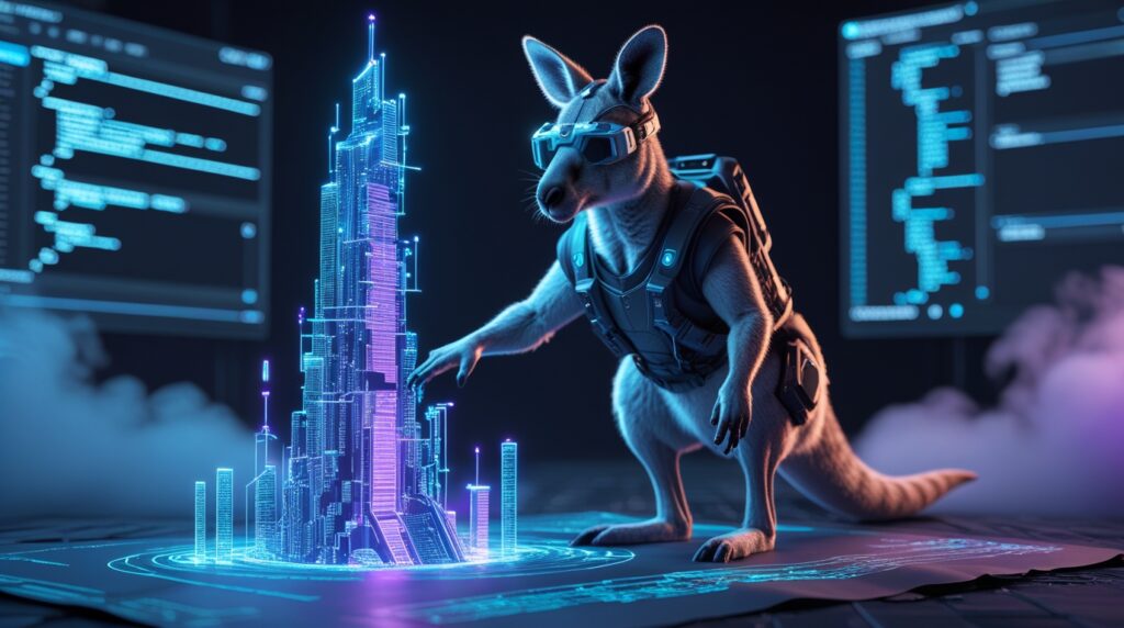 Roo Code Review Featured Image: Cyber Kangaroo illustrating Architect Mode functionality