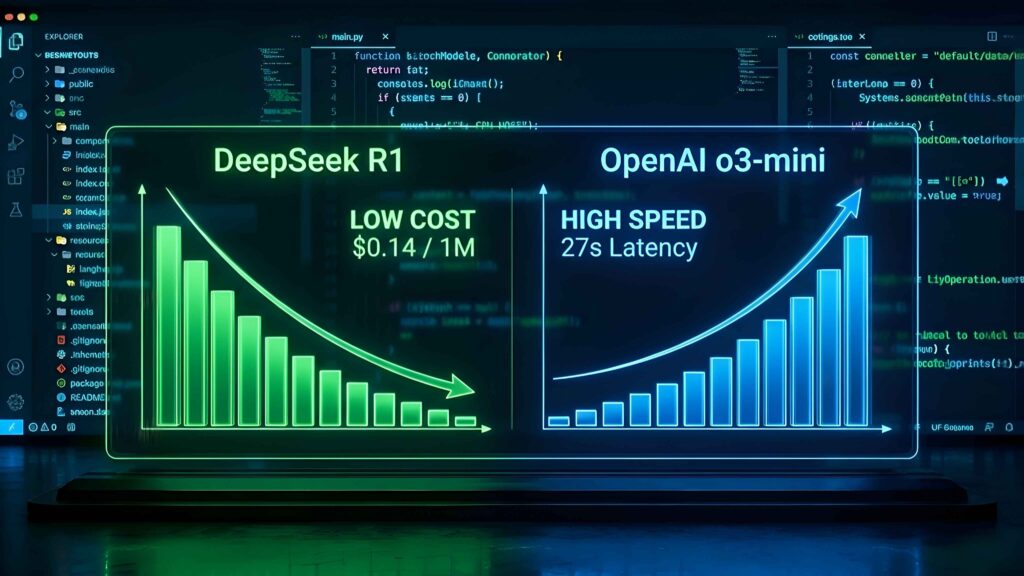 DeepSeek R1 vs o3-mini benchmark chart showing low cost vs high speed comparison graph for coding agents