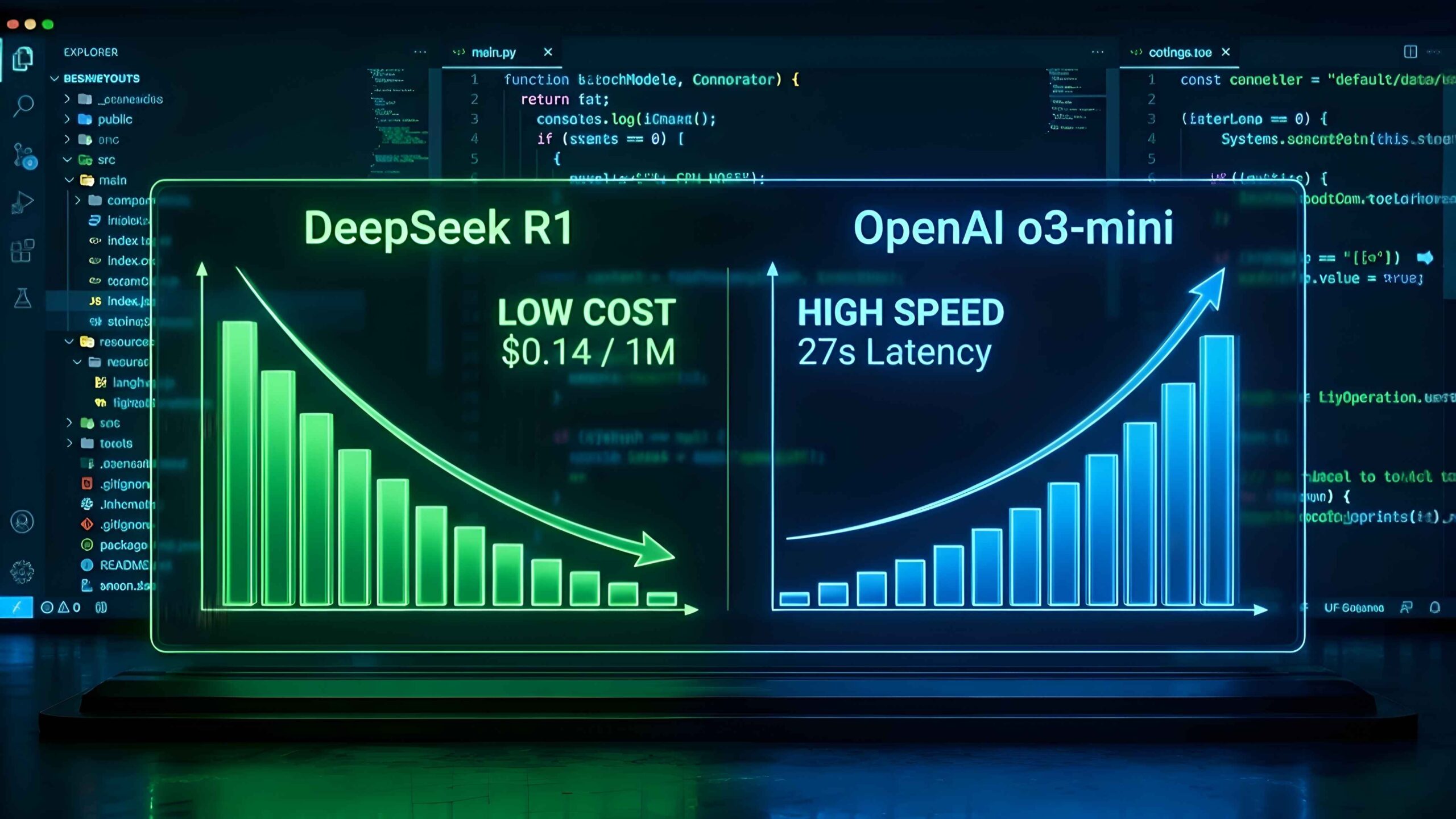 DeepSeek R1 vs o3-mini benchmark chart showing low cost vs high speed comparison