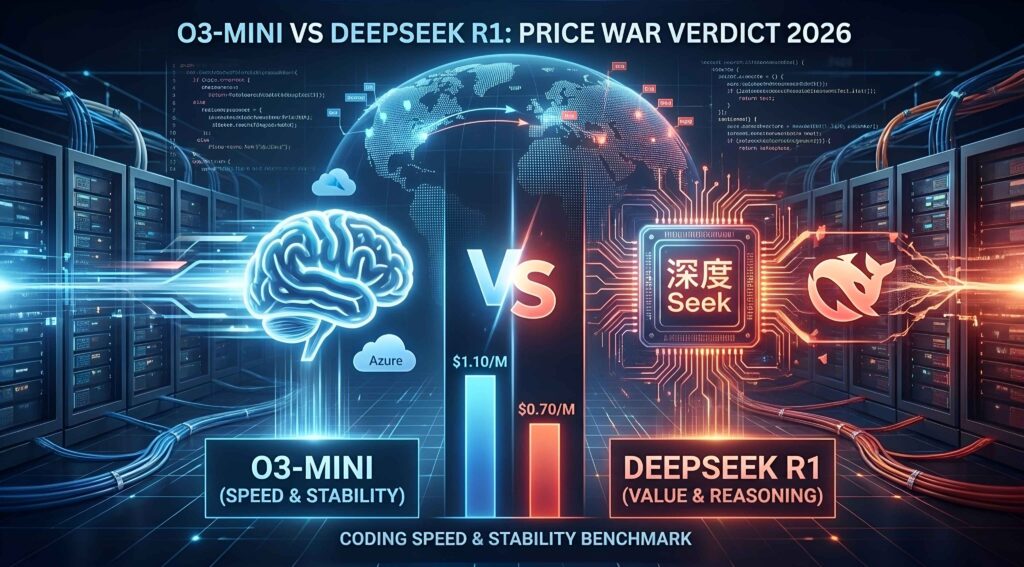 Futuristic coding battle arena showing o3-mini vs DeepSeek R1 price and speed benchmark