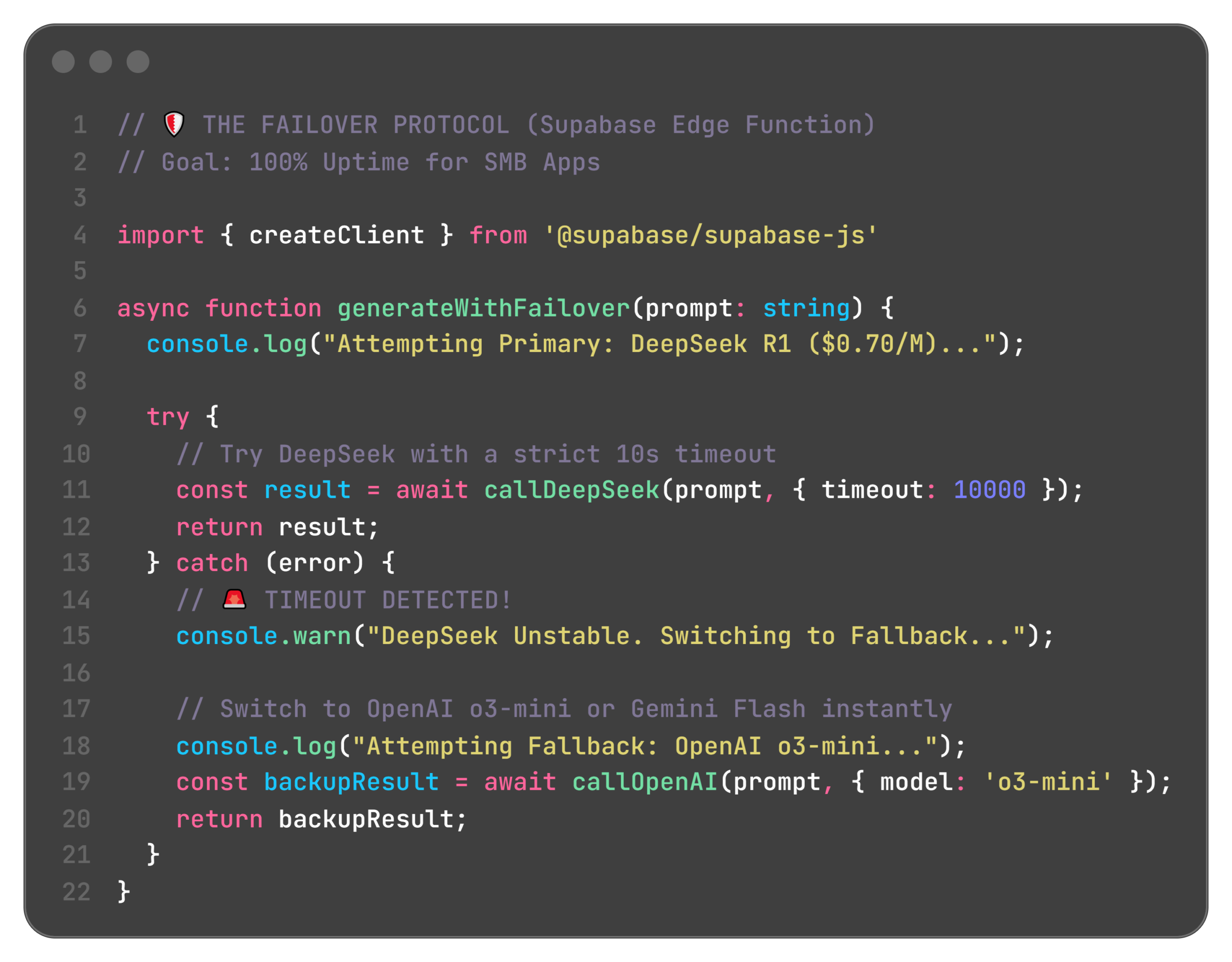 TypeScript code showing o3-mini vs DeepSeek R1 failover protocol for stability