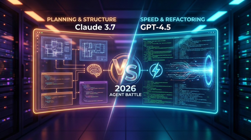 Claude 3.7 vs GPT-4.5 Coding Battle 2026 featured image comparing planning capabilities against speed refactoring.