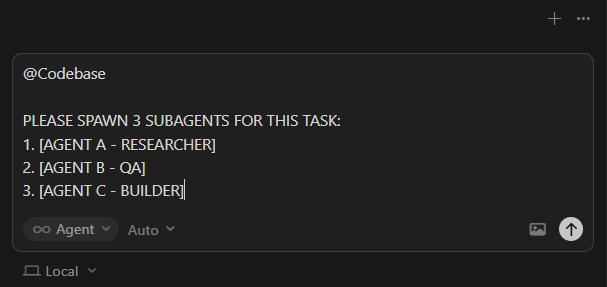 Cursor Composer Agent Mode showing multi-agent swarm prompt