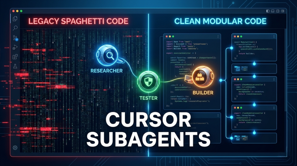 Cursor Subagents workflow diagram showing Researcher, Tester, and Builder AI agents refactoring Express.js code to Next.js in parallel.