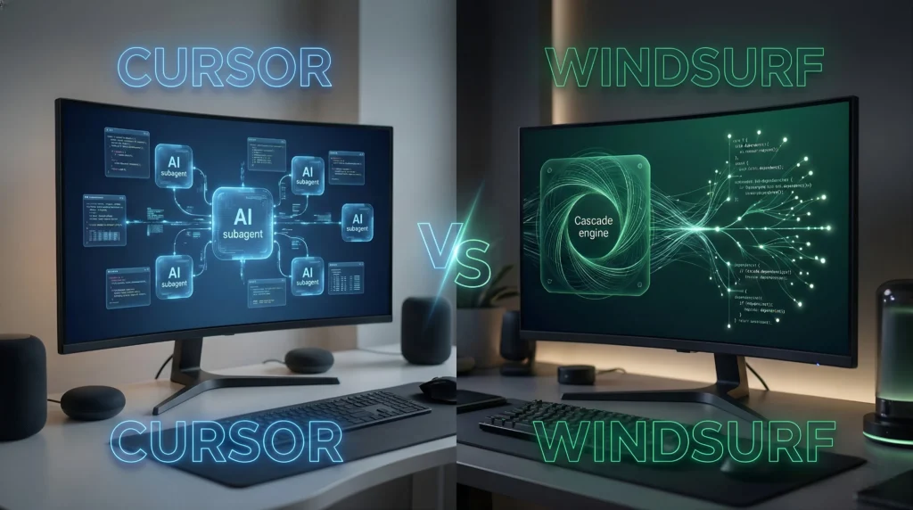 Cursor vs Windsurf comparison: Visualizing Cursor's AI subagents swarm and Windsurf's Cascade Engine in a futuristic developer workspace.