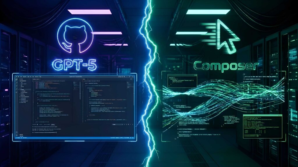 GitHub Copilot (GPT-5 Preview) vs Cursor AI 2026 benchmark comparison showing split screen visual of Copilot blue interface against Cursor green Composer workflow.
