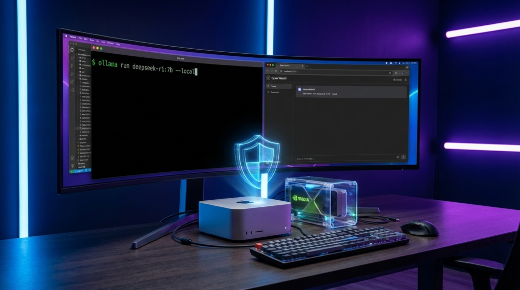 A high-tech developer setup in 2026 showing a Mac M3 and NVIDIA GPU hardware running DeepSeek R1 locally using terminal commands and the Open WebUI interface, symbolized by a privacy shield icon.