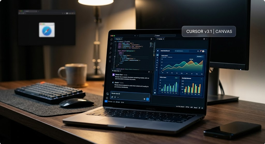 Step-by-step guide showing how to trigger and use Canvas feature in Cursor IDE version 3.1 to render React UI components directly inside the editor without switching to a browser